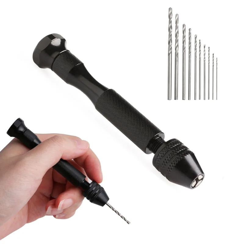 

Hot Micro Aluminum Hand Drill Keyless Chuck + 10pcs Twist Drills Rotary Tools G88A