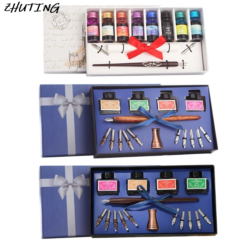

Wooden Caligraphy Dip Pen Hook Line Signature Fountain Pens with Ink Nibs Set Offices School Stationery Gift
