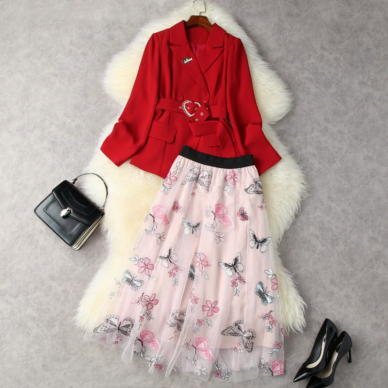 

Women's Wear New Autumn 2022 Long-sleeved Belt Coat Butterfly Embroidered Gauze Skirt Fashion Suits European and American