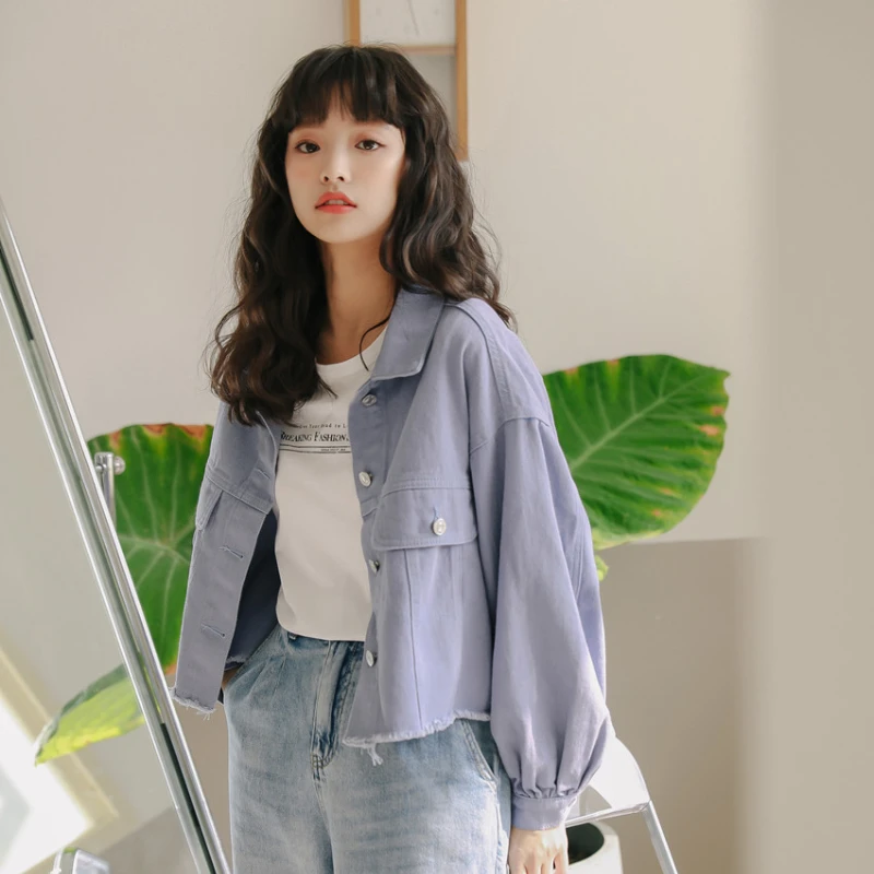 

Lantern Sleeve Cropped Jean Jacket Autumn Woman Korean Loose Long Sleeve Fringe Denim Coat Girl Sweet Preppy Style Button Jacket