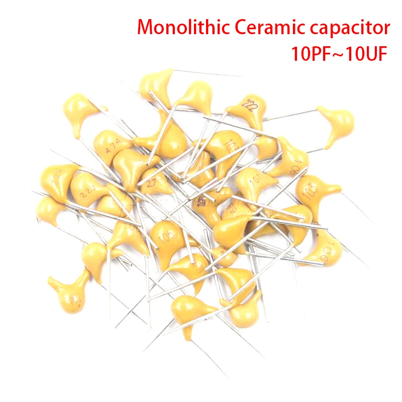 100 шт. монолитный Керамика конденсатор с алюминиевой крышкой 50В 10PF ~ 10 мкФ 22PF 47NF 220NF