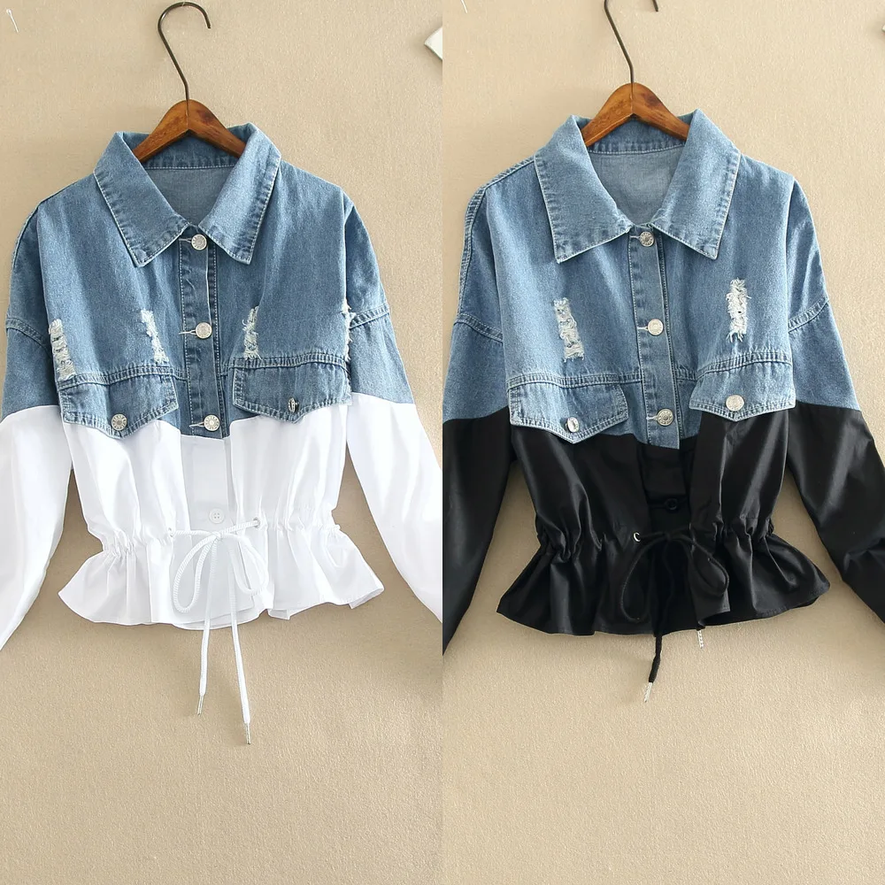 

2020 Autumn New Women's Long-sleeved Patchwork Color Matching Denim Waist Lapel Single-breasted Short Shirt Ladies QB814