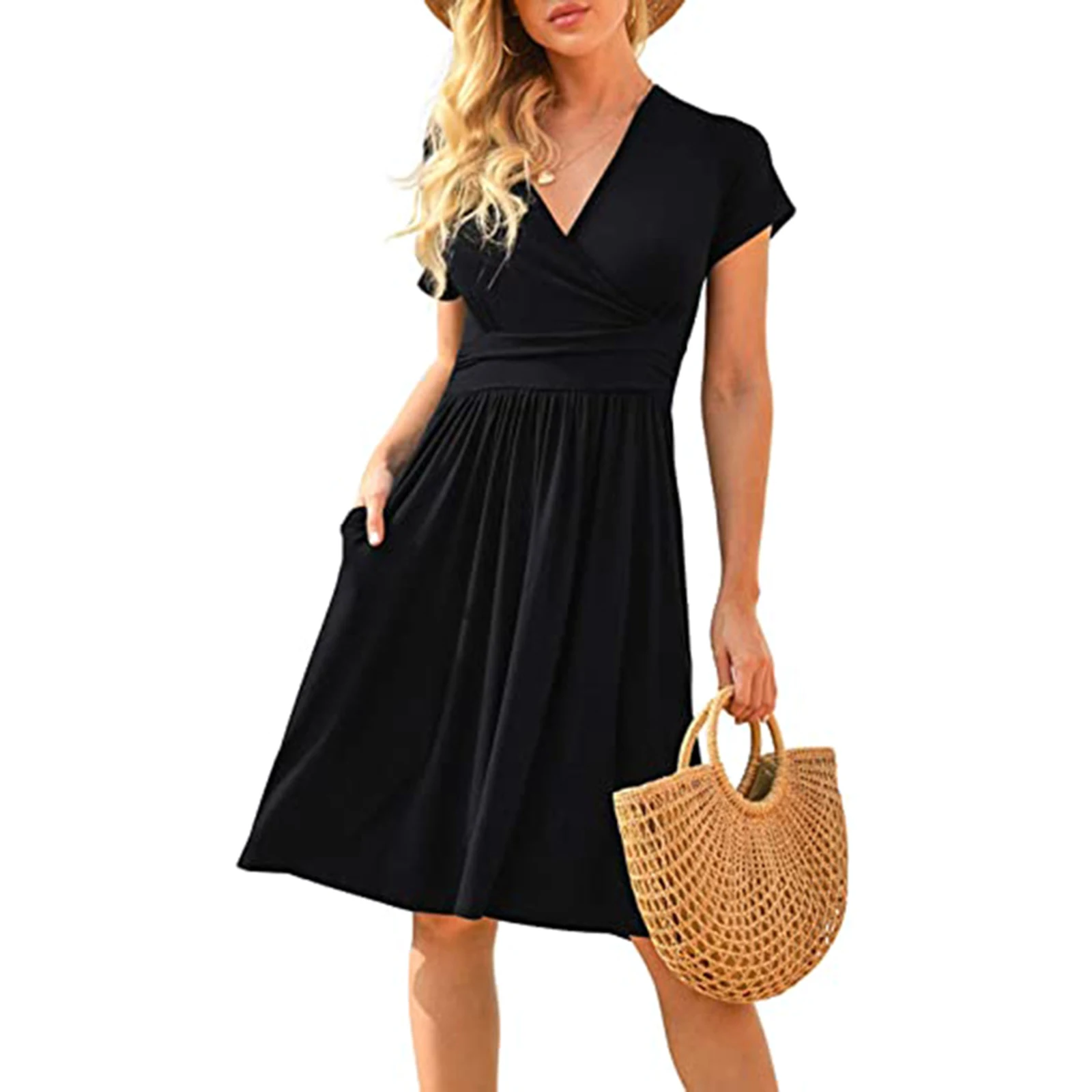 

2021 Women Summer Short Dress Solid Color/Polka Dot/Tie-Dye V-Neck Short Sleeves A-Line Skirt for Ladies 5 Colors