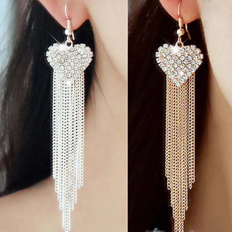 

New Fashion White Crystal Heart Dangle Earrings for Women Tassel Long Bling Rhinestone Earrings Jewelry Love Wedding Bridal Gift