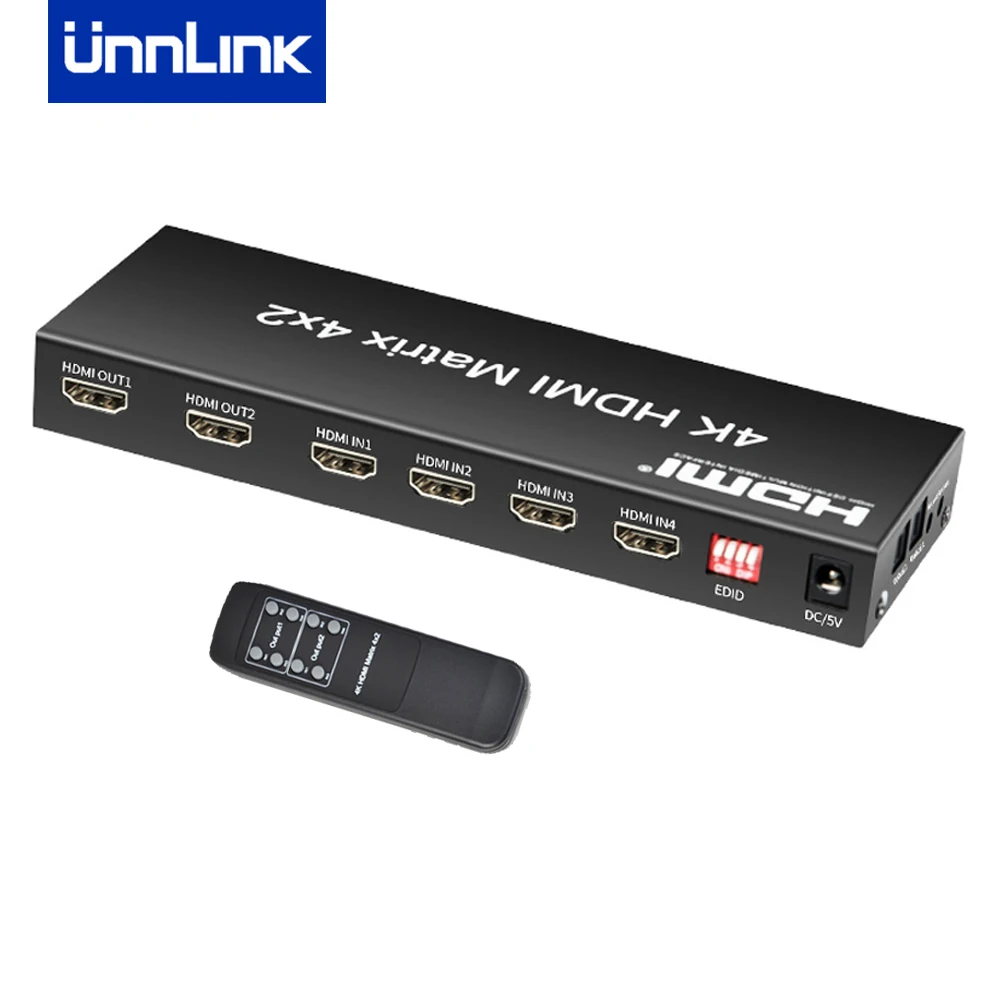

HDMI матрица Unnlink, 4 в 2 выхода, переключатель, разветвитель с удаленным оптическим разъемом 3,5 мм для компьютера, ноутбука, ТВ-приставки, монито...