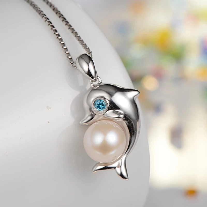 

gN Pearl Genuien 925 Sterling Silver 7-8mm Natural Freshwater Pearl Dolphin Pendants Fine Jewelry Women Necklaces Chain gNPearl