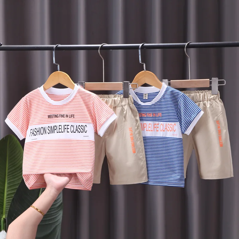 

New Baby Boys Clothing Sets Summer Fashion Casual Children Letter Striped T-shirt+shorts 0-5 Years Toddler Girls Clothes Suits