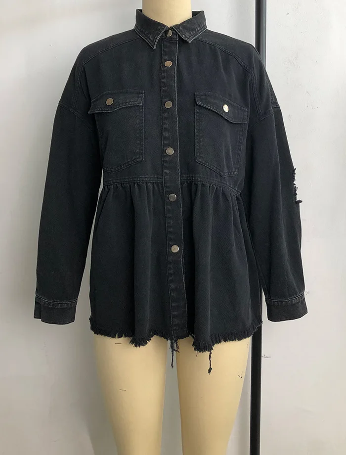 

FNOCE 2020 winter women's ripped jean jackets fashion trends streetwear solid long sleeve slim loose denim coats Eye catching