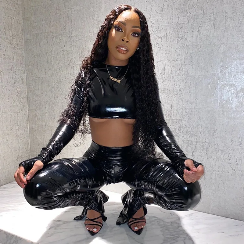 

Женский укороченный топ из искусственной кожи с длинным рукавом, леггинсы с разрезом в несколько рядов, комплект из 2 предметов, Женский клу...
