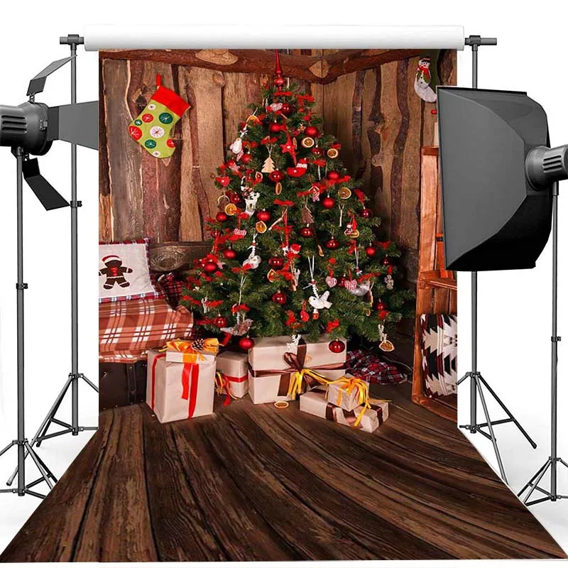Рождественская фотография Фон елка подарок детвечерние деревянный пол