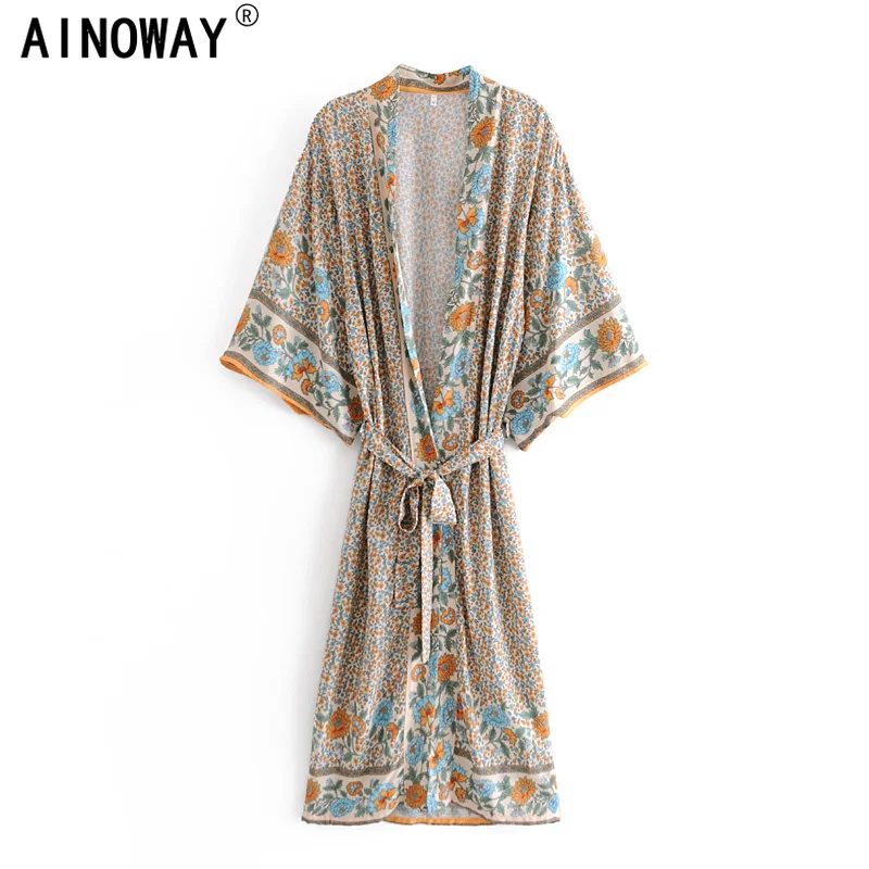 Женское винтажное богемное кимоно с цветочным принтом поясом V образным вырезом