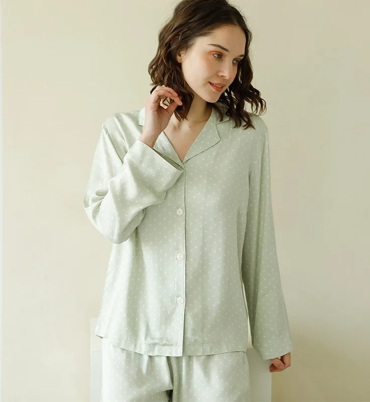 

Dots Printed Three Colors Ladies Long Sleeve and Trousers Pajamas Set Solid Color Women Spring Newest Style Pajama Sets Women