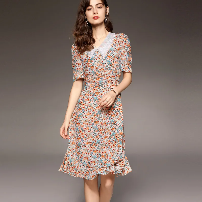 

100% Natural Silk Mulberry Dresses for Women 2022 Summer Elegant Printing Midi Dress A-Line Turn Down Collar Shirring Robe