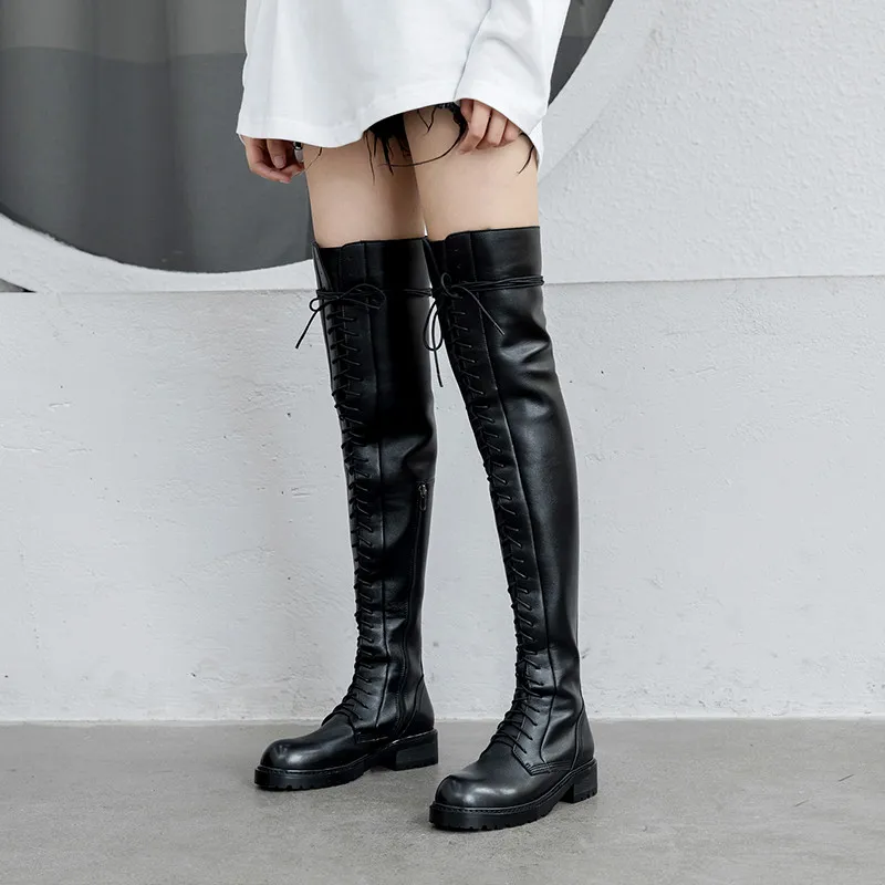MORAZORA genuine leather shoes women thigh high boots lace up zip low heels platform shoes woman Motorcycle boots black
