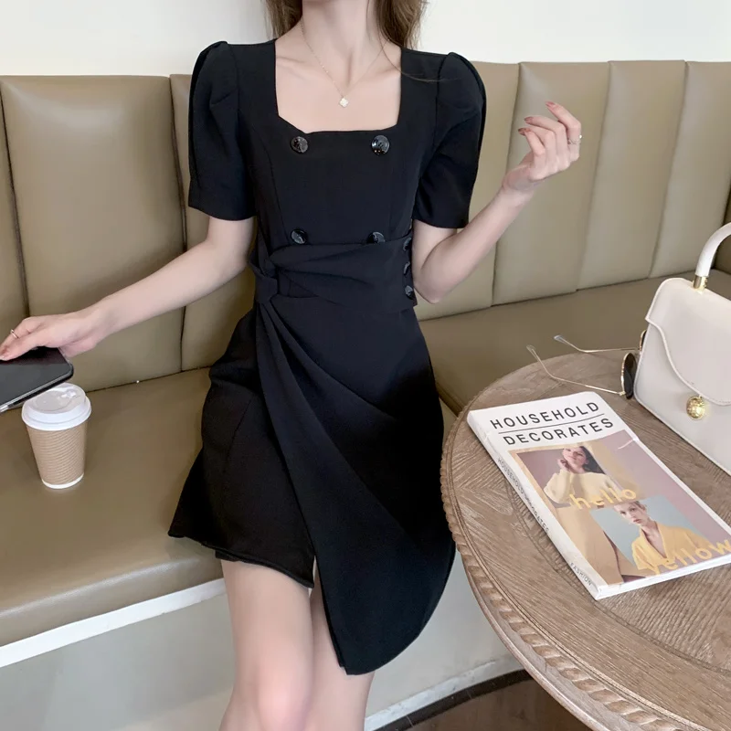 Женское платье в стиле Хепберн однотонное двубортное неправильной формы с