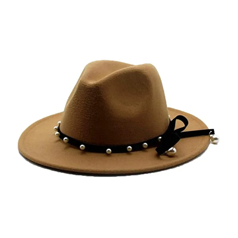 

Осенняя Женская фетровая шляпа с широкими полями и жемчужным бантом