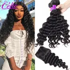 Celie Волосы Бразильские свободные глубокая волна пряди с закрытием remy волосы плетение 3 пряди с закрытием человеческие волосы пряди с закрытием