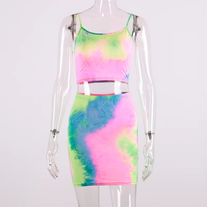 

Summer Women's New Style Printed Street Hipster Sleeveless Sexy Suspenders Temptation Slim Tight Shorts Tie-dye Two-piece Suit