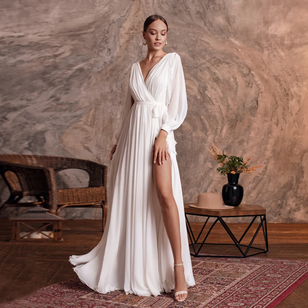 

Simple Wedding Dress Sexy V Neck Long Sleeves Chiffon A Line Beach Side Slit Cheap Bridal Gown With Free Shipping