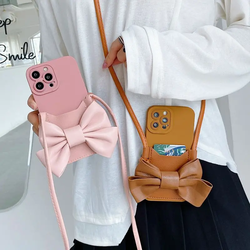 

Bowknot Necklace Crossbody lanyard Strap Card Slot Case for Iphone 11 12 13 Pro X XR XS Max 7 8 Plus SE 2 Luxury Soft Back cover