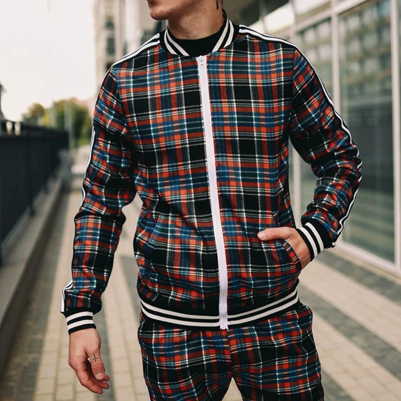 

Men's Spring And Autumn Large Size Suit Casual Fashion British Style Standing Collar Plaid Zipper Cardigan Coat