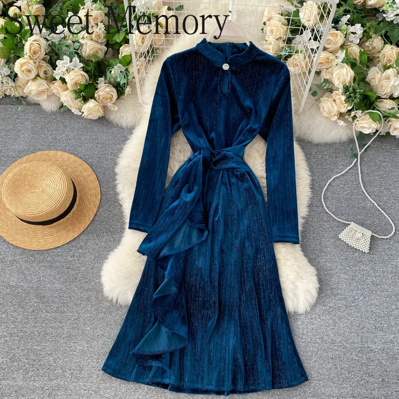 

Sweet Memory Shinny Velvet Cocktail Dresses 2021 Women Dress Vintage Sweet Memory O-neck Button Irregular Long Sleeve Vestidos