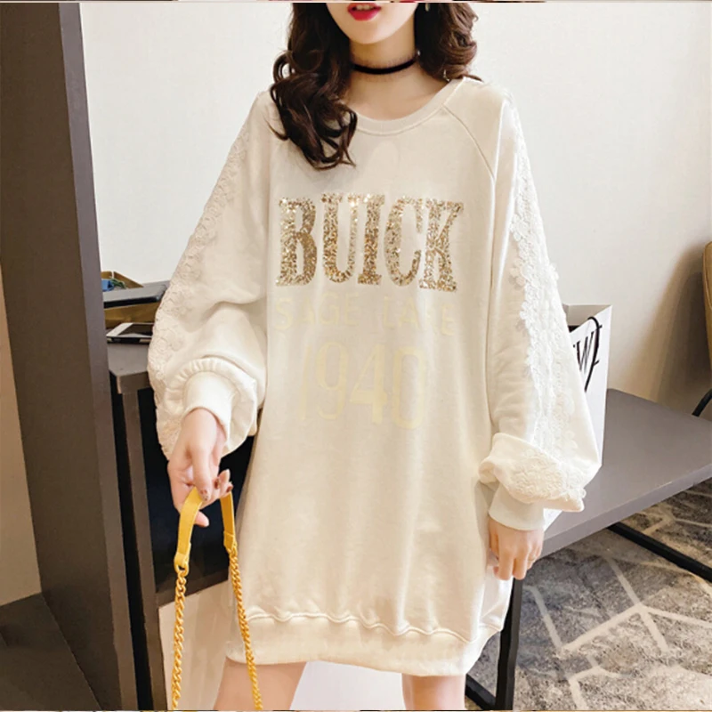 

CN 2021 New Women Sweatshirt Spring Autumn Casual Letter Print Mid Length Sweatshirt Korean Lace Patchwork Sweatshirt Women