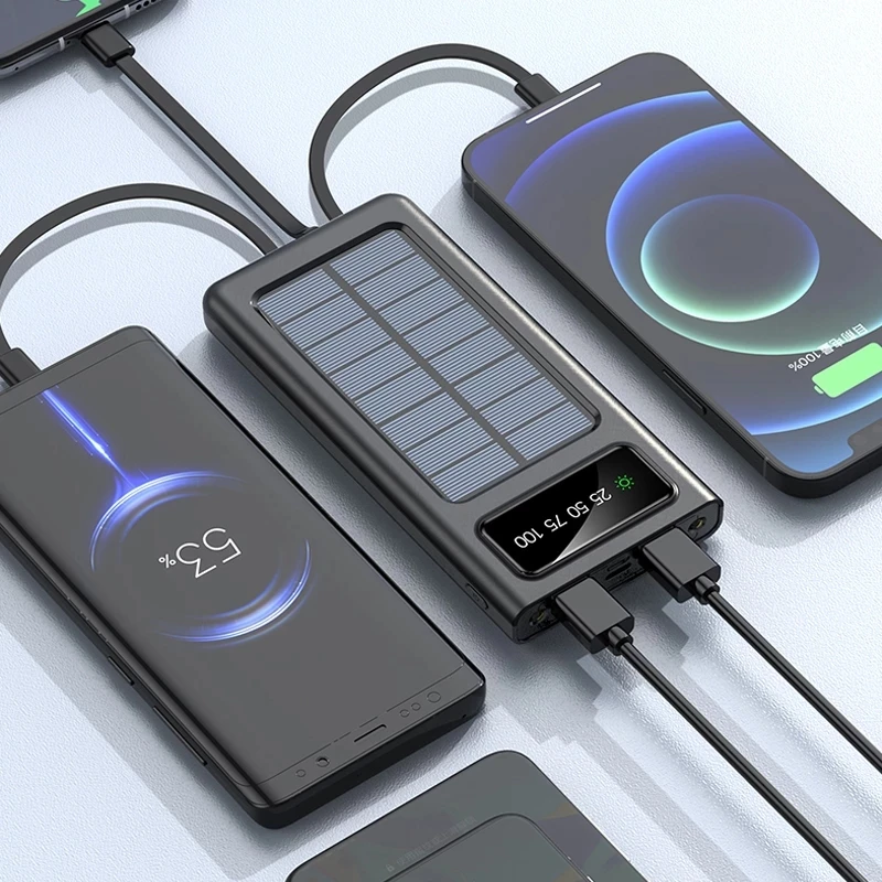 top solar power bank built cables 50000mah solar charger 2 usb ports external charger powerbank for xiaomi iphone with led light free global shipping