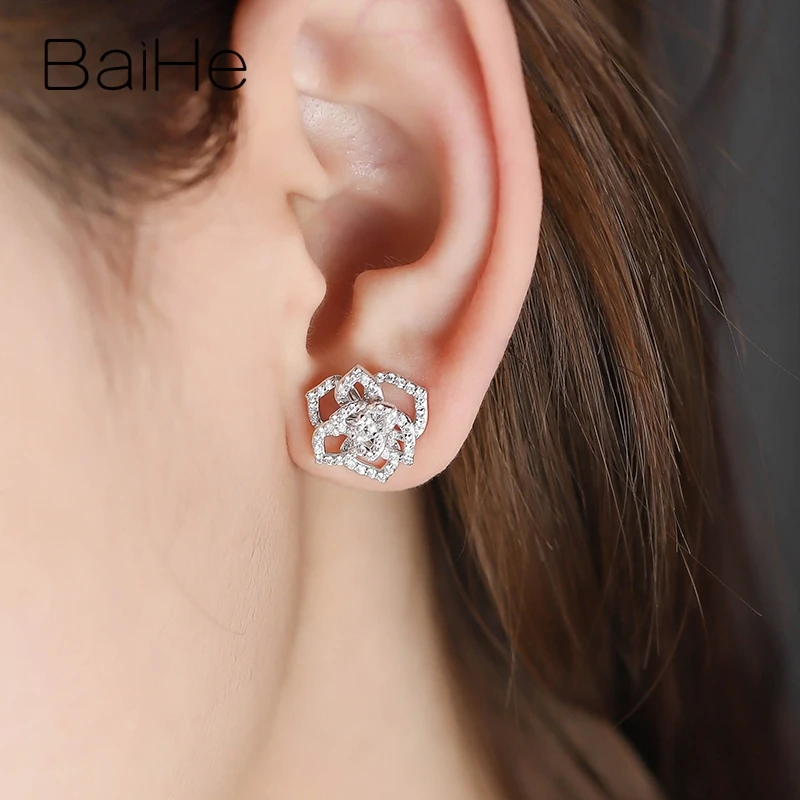 BAIHE Solid 14K белое золото 0.85ct(Tote) H/SI натуральные бриллианты свадебные женские модные ювелирные изделия подарок серьги-гвоздики