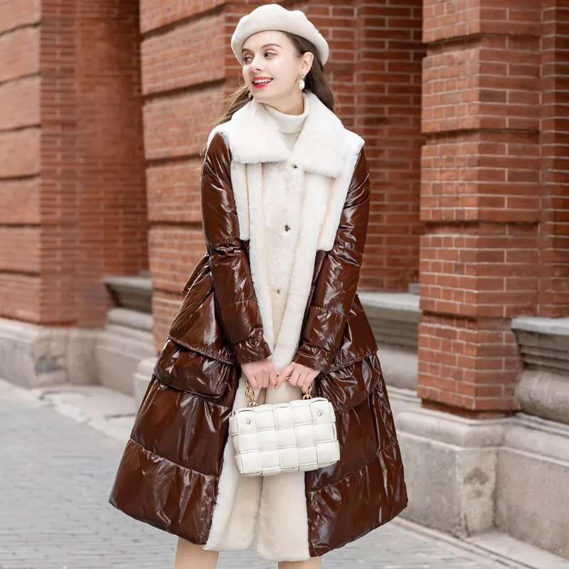 

New Women Winter Streetwear Popular Fashion Fur Down Coat Sheepskin Collar Women's Brown Genuine Leather Jacket