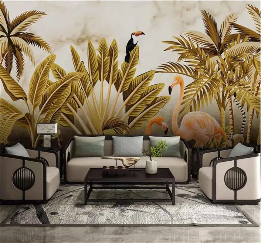 

Custom 8D wall cloth gold hd tropical leaf flamingo bedroom background wall