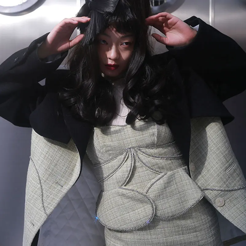 

XITAO Patchwork Blazer Fashion New Women Stitching Contrast Heavy Industry Bright Diamond Single Breast Blazer Coat ZXR1349