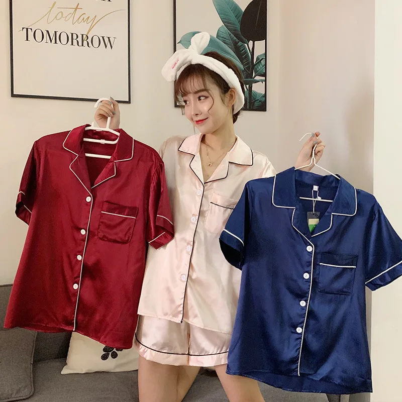 

Korean Summer Lapel Pajamas Women's Short-sleeved Shorts Home Service Ice Silk Two-piece Suit Ladies Cute Student Pajamas