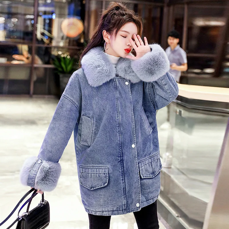 

Fashion Denim Cotton Jacket Women's 2021 Winter New Plush Thickened Casual Wool Collar Medium Long Loose Casual Parka Female