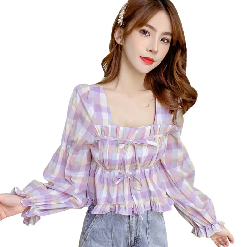 

Women's Plaid Sexy Sweet Exposed Navel Blouses Korean Style Sweet Ladies Square Collar Long Sleeve Fall Shirts