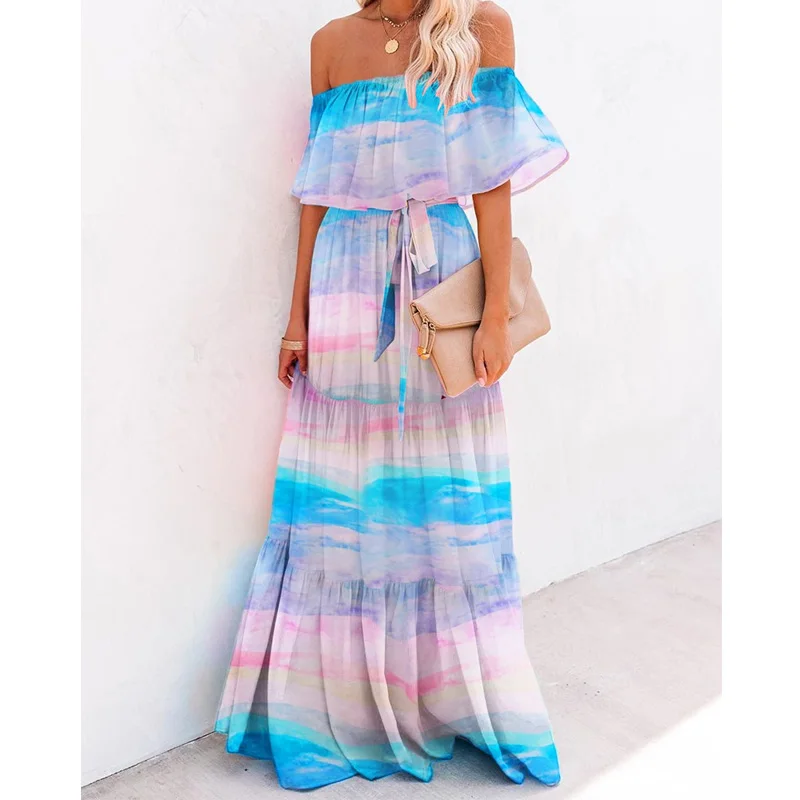 

2021 Bohemian Fashion Women Summer Long Maxi Dress Ruffled Off Shoulder Self Belted Party Dress Vestidos