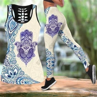 purple hamsa hand yoga combo outfit leggings and hollow out tank top suit yoga fitness soft legging summer women for girl