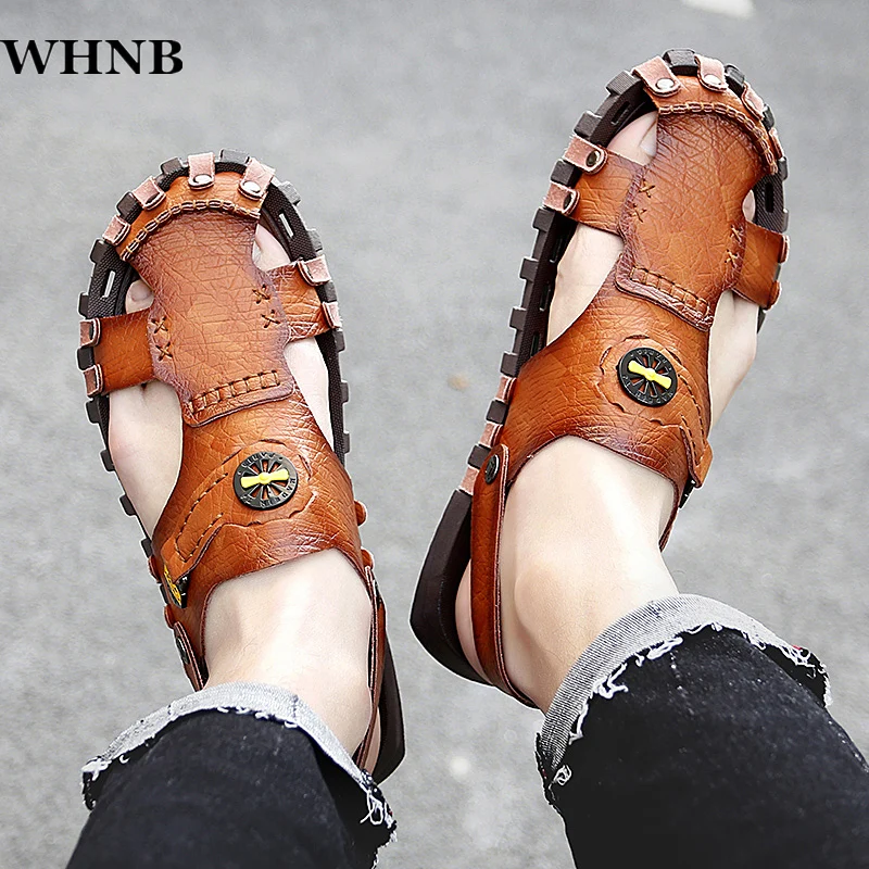 

WHNB High Quality Plus Size 47 Genuine Leather Summer Sandals Men Roman Slippers Outdoor Sneakers Man Beac