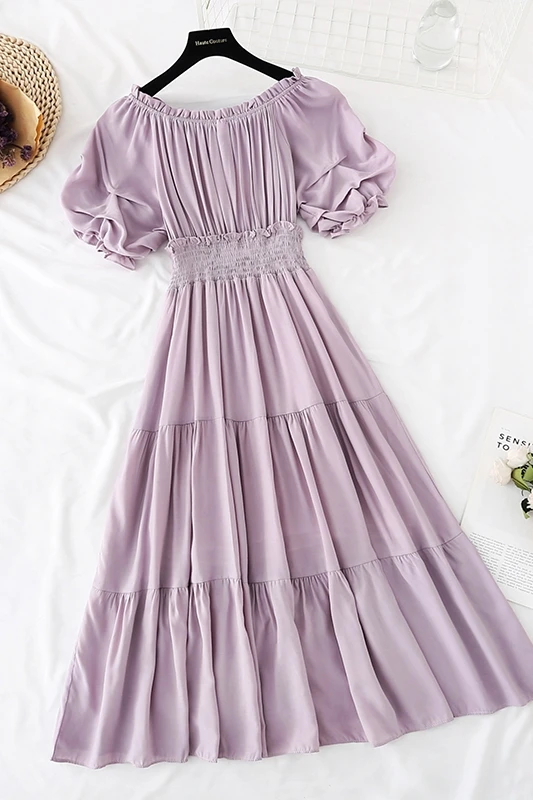 

2021 New Fashion Summer Vintage Cotton Linen Dress Elegant Ruffle Off-the-shoulder Midi Long Dress Pleated Casual Dress Vestido