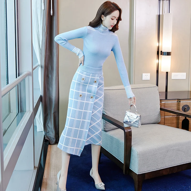 

Top Brand Designer Women 2020 Autumn Winter Two Piece Outfit High Neck Knit Sweater and Plaid Skirt Suit Set Lady Twinset