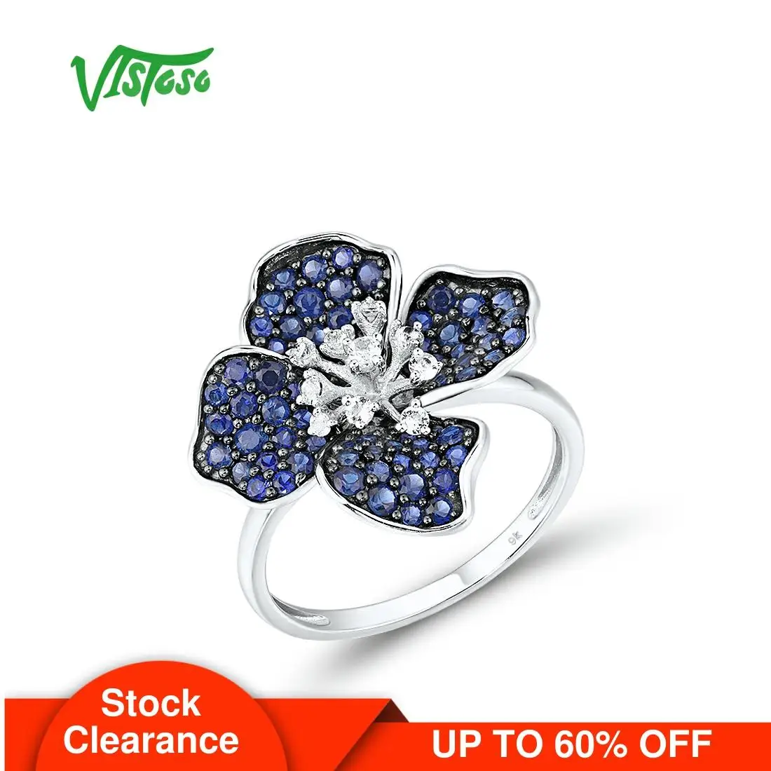 

VISTOSO Genuine 9K 375 White Gold Ring For Lady lab Created Sapphire White Topaz Blue Flower Engagement Anniversary Fine Jewelry