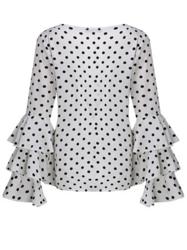 

Europe and America Polka Dot Trumpet Sleeve Top Large Size Folding Sleeve Thin Chiffon Shirt