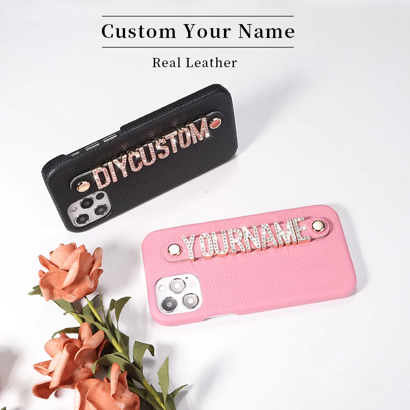

Genuine Leather Cowhide Custom Name Phone Case For iPhone 14 14Pro 14Plus 13Promax 13 12 11 Diamond Metal Letters Cover Coque