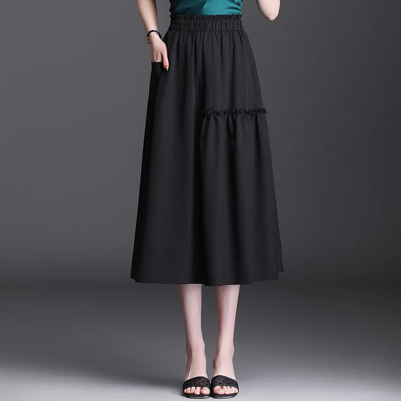 

Женская модная Элегантная черная юбка-трапеция, летняя женская Свободная Повседневная Длинная юбка с высокой талией и поясом на резинке, мо...