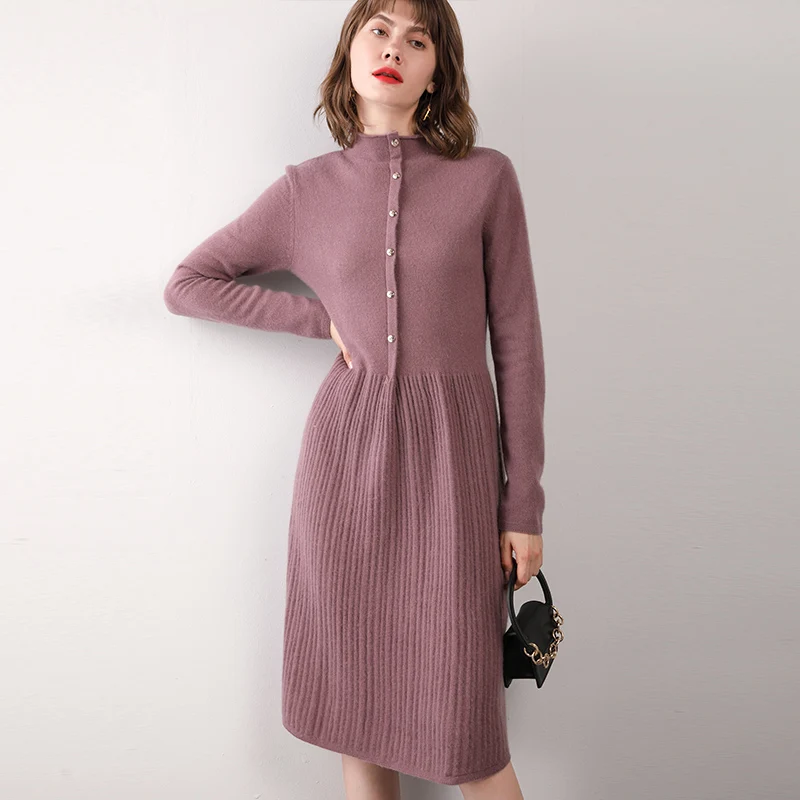 

LHZSYY High Neck 100%Pure Wool Knit Dress Women Autumn Winter Long Korean Slim Cashmere over-the-knee Base Sweater Thick skirt