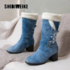 Модные зимние женские ботинки из денима, женские удобные ботинки с круглым носком в ковбойском стиле, v546