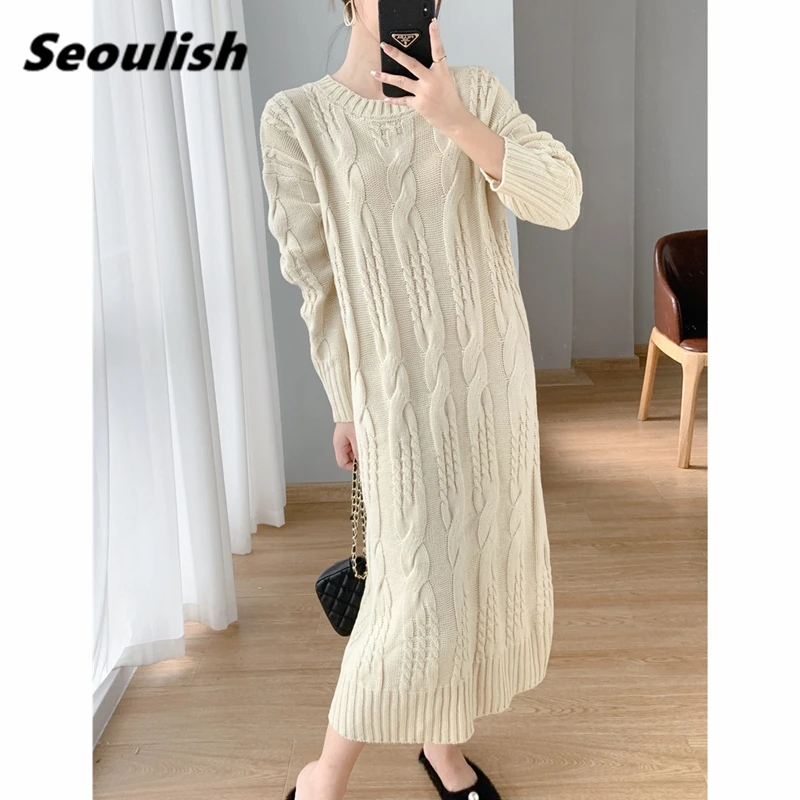 

Seoulish Autumn Winter Twist Knitted Dress 2021 New High Waist Long Sleeve O-Neck Casual Straight Loose Sweater Dresses Female