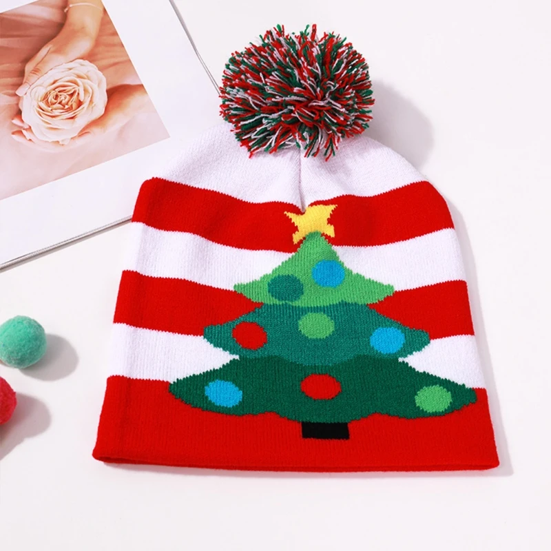 

Kids Christmas 2 Pieces Pompom Beanie Hat Tassels Long Scarf Set Contrast Color Striped Knitted Skull Cap Neck Warmer