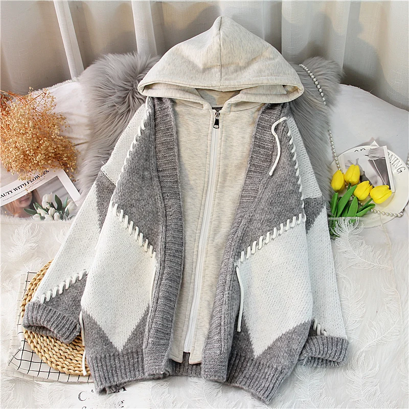 

EBAIHUI Argyle Sweater Fake Two-piece Hoodies Harajuku Japanese Style Women's Jumper Thicken Patchwork Jacket Hooded Sweatshirt