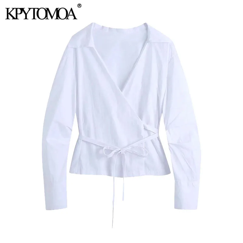 

KPYTOMOA Women 2021 Fashion With Tied Crossover White Blouses Vintage Long Pleated Sleeve Female Shirts Blusas Chic Tops